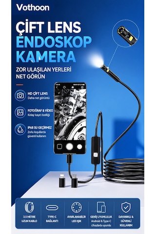 Mep 10 Metre Çift Kameralı İos/android Uyumlu Yılan Endoskop Kamera 8mm 2mp Led Li Sert Kablo Najmaddin