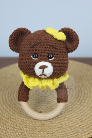 Aleylife Amigurumi Tombik Yanak Ayıcık Çıngırak Diş Kaşıyıcı Kahverengi