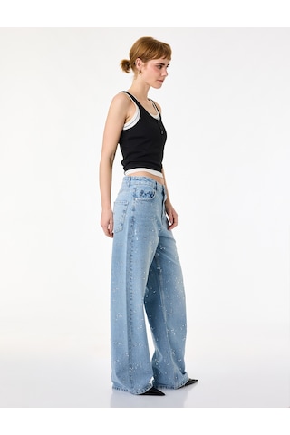 Koton Rahat Kalıp Düğmeli Cepli Taşlı Denim Pantolon - Baggy Jeans Açık İndigo 6sal40103md Açık İndigo