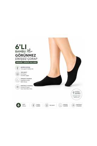 Çorapx Görünmez Sneakers Unisex Bambu Dikişsiz Patik Çorap Siyah 6 Çift