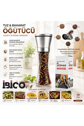 İbico İ22-412 Hand Grinder Tuz Ve Baharat Öğütücü - Büyük Boy Cam Hazneli Krom Kaplama Kapaklı