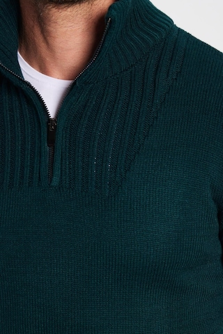 Tudors Erkek Slim Fit Dar Kesim Armürlü Fermuarlı Yeşil Dik Yaka Kazak-31397