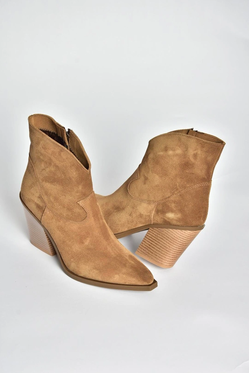 Fox Shoes V654081902 Taba Hakiki Deri Süet Kalın Topuklu Western Kovboy Kadın Bot Taba-Süet