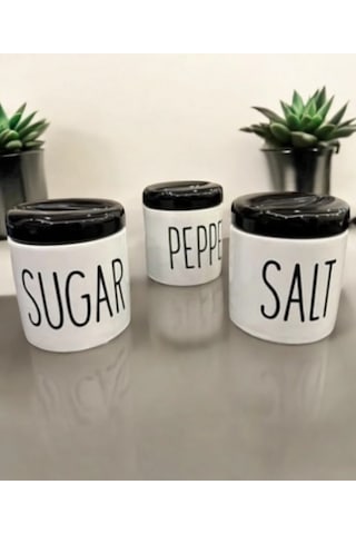 3 Lü Kavonoz Baharatlık Küçük Boy Beyaz / Siyah / Sugar /pepper / Salt / Kavonoz Seti Siyah Beyaz
