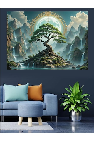 Dağlar Arasında Bonsai Ağacı Dekoratif Kanvas - Mdf Ahşap Tablo