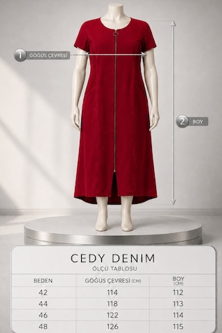 Cedy Denim Cedy Denım - Büyük Beden - Kadın Fermuarlı Taş Ve Dantel Detaylı Vintage Elbise C409 Gül Kurusu