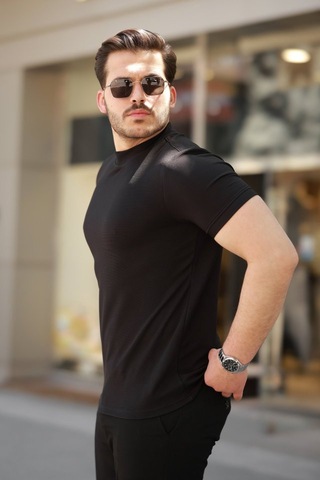 Efnaz Style Erkek Ince Çizgi Dokulu Kısa Kollu T-shirt Siyah