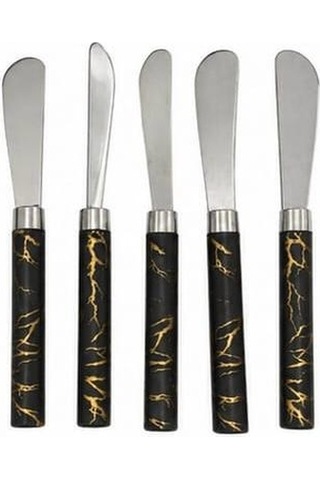5 Parça Uzun Kahvaltı Bıçak - Siyah Mermer Desen Saplı 16.5 Cm 4741 Ahşap - Kırmızı