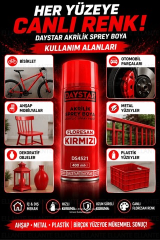 Daystar Floresan Kırmızı Akrilik Sprey Boya 400 Ml Hızlı Kuruyan Çok Amaçlı Metal, Ahşap, Plastik Çok Renkli