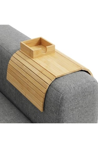 Bambu Koltuk Kenarı Tepsisi Ve Organizer - Katlanabilir Bölmeli Ahşap Kanepe Yanı Sehpa, Bardaklık Ve Kumandalık 41 X 33.5 X 4.5 Cm Diğer