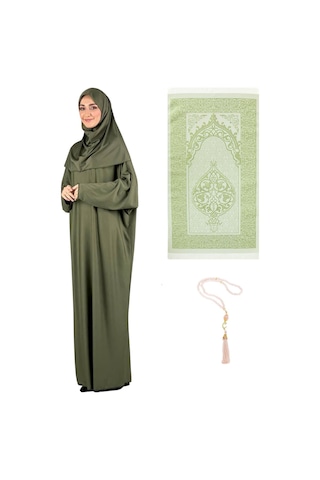 Namaz Elbisesi Eşarp Seccade Tesbih Set, İslami Giyim Takım Ferace Turban Şal Haki