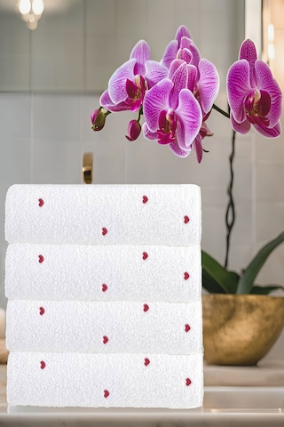 4 Lü Kalp Nakış İşlemeli El Yüz Havlu Seti %100 Pamuklu 50x90 Cm Hand Of Love Kırmızı