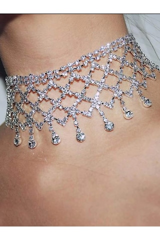İthal Işıltılı Glam Diamond Rain Choker Kristal File Taşlı Lüks C Gümüş - Beyaz
