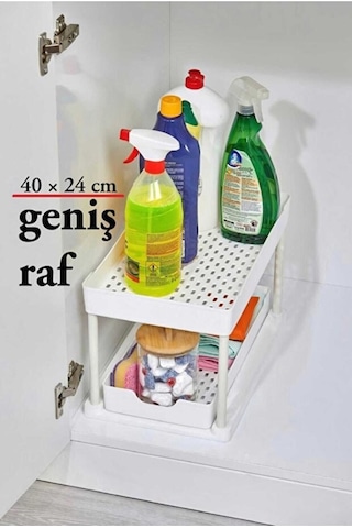 Beyaz 2 Katlı Sürgülü Dolapiçi Mutfak Banyo Dolap Tezgah Altı Evye Altı Beyaz Krom