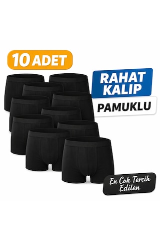 John Lion Erkek Boxer 10 Lu Paket Pamuklu Rahat Kalıp Günlük İç Giyim Siyah Siyah