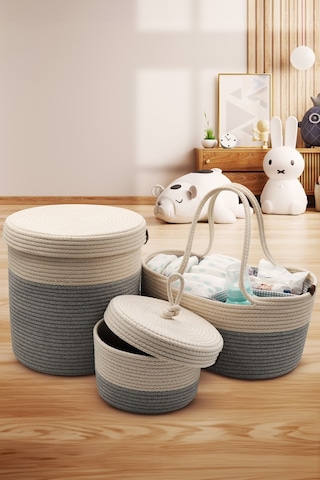 Jasper Jüt İp Hasır Gri Anne Bebek Bakım Çantası Anne Bebek Set Bej