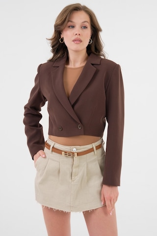 Acı Kahverengi Kruvaze Crop Blazer Ceket Acı Kahverengi