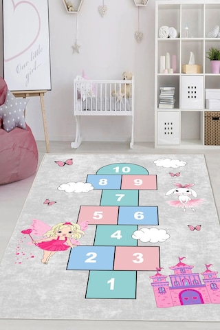 Dijital Baskılı Dekoratif Kaymaz Taban Yıkanabilir Kız Çocuk Seksek Temalı Modern Çocuk Halısı Gri