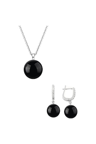Gümüş Yuvarlak Model Kolye Küpe Siyah Oniks Taşlı Set 8 Mm