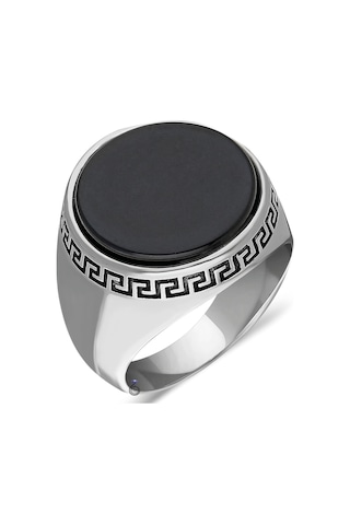 Yuvarlak Üstü Düz Siyah Oniks Taşlı Gümüş Erkek Yüzük