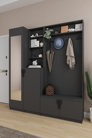 Lüks Aynalı Portmanto Askılı Vestiyer %100 Mdf Çok Raflı Ayakkabılık V03 Antrasit