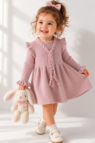 Babyhola %100 Organik Triko Kız Bebek Çocuk Kemerli Elbise 32125 Pudra