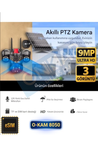 O-kam 8050 9mp Lens 3 Kamera 4g Esim Destekli Solar Güneş Enerjili Akıllı Güvenlik Kamerası