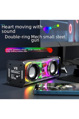 V8 Şeffaf Mecha Mini Bluetooth Hoparlör Subwoofer'lı