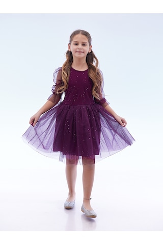 Ahengim Kız Çocuk Yıldız Baskılı Trend Tül Elbise Ak2246 Mor
