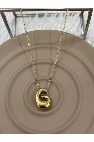 Premium Gold Renk Parlak Taşlı 316l Çelik Gold G Harf Kolye 45cm Altın