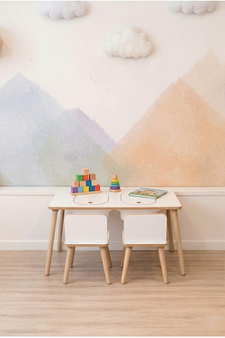Montessori Çocuk Masası-oyun Masası-aktivite Masası-çalışma Masası-etkinlik Masası 2 Sandalye Beyaz