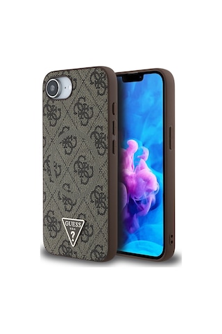 Apple Uyumlu iPhone 16e Kılıf Guess Lisanslı M-safe Pu Üçgen Logo 4g Desenli Kapak Kahverengi