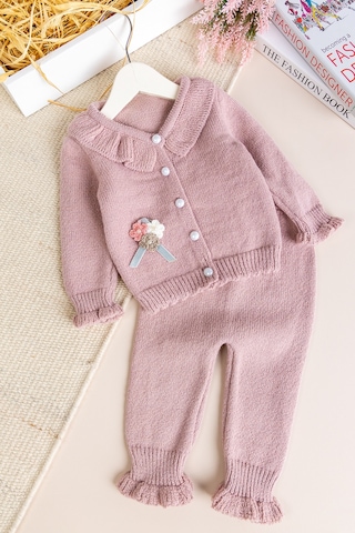 Babymod Triko Yumuşak Dokulu 2'li Çiçek Nakışlı Hırkalı Kız Bebektakım Pembe