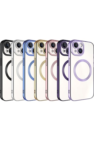 Apple Uyumlu iPhone 15 Kılıf Magsafe Kenar Renkli Şeffaf Setro Kapak