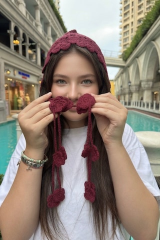 Mollycrush Yazlık Örgü Saç Bandı Bordo Çiçek Motifli Model Yazlık Şık Hair Band Bordo