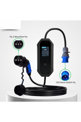 7 Kw 32A Tip-2 3X32A Fiş Monofaze Çantalı Dönüştürücü Kablolu Elektrikli Araba Taşınabilir Şarj Istasyonu 5 M Türkçe