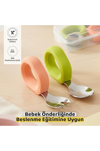 Guqqo Bebek Çatal Kaşık Seti, 304, Blw, Ergonomik Kavrama, Saklama Kutulu, Pudra Yeşil Genel