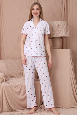 Wordex Mirano 1702 Kiraz Desenli Pointel İnce Kumaş Düğmeli Kısa Kollu Kadın Pijama Takımı Beyaz
