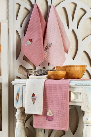 6lı Kurulama Peçetesi Nakışlı 40x60 Dondurma Pembe-krem