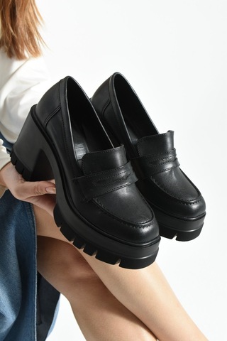 Dabab Shoes Loftıa Kadın Siyah Cilt Chunky Topuklu Loafer Siyah - Siyah