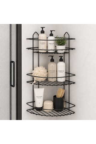 K13-011 3 Katlı & Üçgen Siyah Metal Banyo Köşelik & Duşkabin Raf 12'li Paket