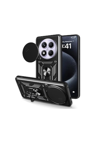 Xiaomi İle Uyumlu Redmi Note 14 Pro 4g Kılıf Magnetik Standlı Kamera Korumalı Zore Sürgülü Vega Kapak Siyah