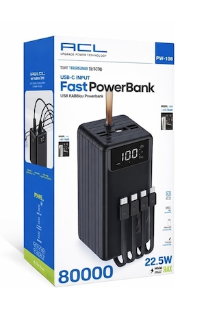 Hızlı Powerbank 80.000mah Pw-108 Hızlı Şarj 22.5w Lcd Gösterge, Dahili Lightning, Type-c Ve Micro Kablolu 7 Portlu Usb Hub siyah