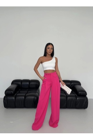 Defymoda Üç Düğme Detayli Palazzo Pantolon Fuşya