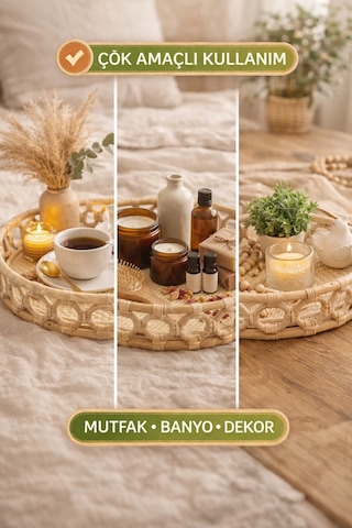 El Yapımı Doğal Rattan Tepsi Yuvarlak Sunum Kahve Servis Dekoratif Tepsi 30x7 Cm
