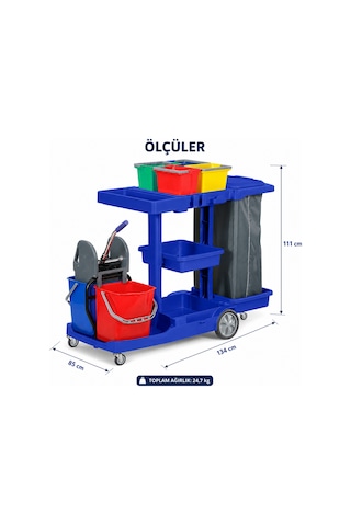 Mulpex Profesyonel Kat Arabası Mavi 4x6 L Kovalı Temizlik Arabası Çift Kovalı Sıkma Presli 134 Cm