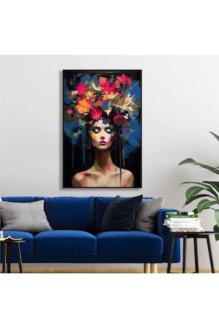 Yağlı Boya Dokulu Tablo Modern Çiçek Saçlı Kadın Siyah Çerçeveli U05013-178965