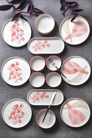 Kitchen Life 14 Parça 6 Kişilik Ginkgo Stackable Kahvaltı Takımı - Kahvaltılık Ekru Pembe Fuşya