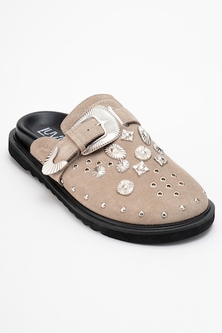 Luvishoes Luvi Shoes Maril Bej Süet Hakiki Deri Kemerli Tokalı Burnu Kapalı Kadın Terlik Bej