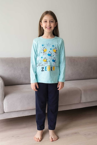 Çocuk Pijama Takımı %100 Pamuk Zebra Desenli Mavi